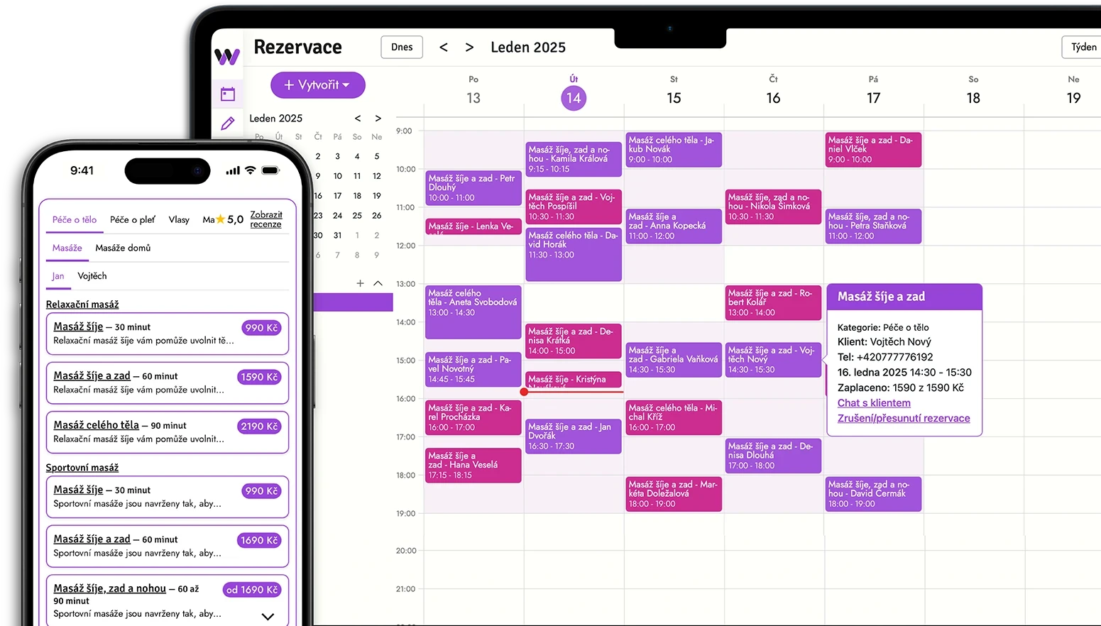 Ukázka přehledu rezervací v aplikaci Welapy Ukázka přehledu rezervací v aplikaci Welapy