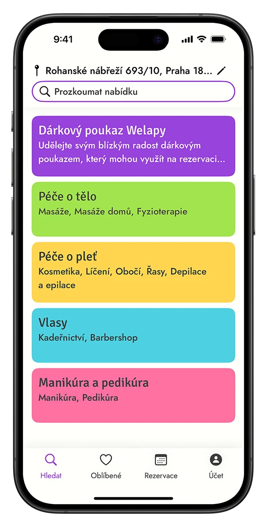Výběr kategorie služeb v aplikaci Welapy